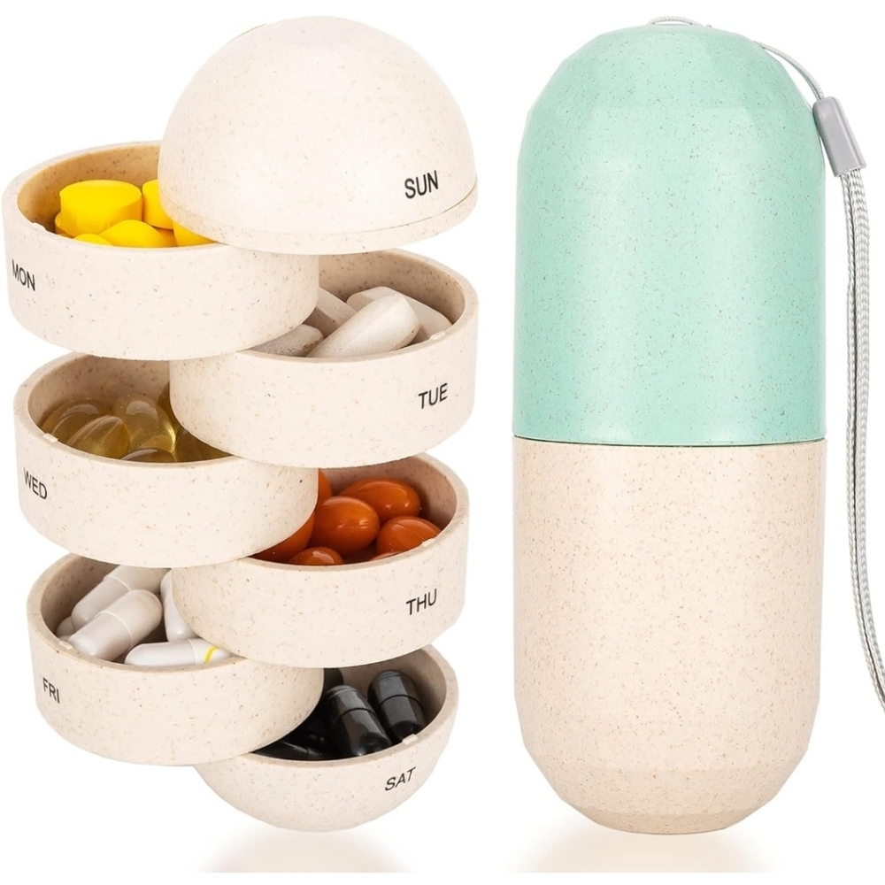 Betife Beige/Mint Pill Organizer - 7-Day, Portable, Waterproof, Moisture-Proof